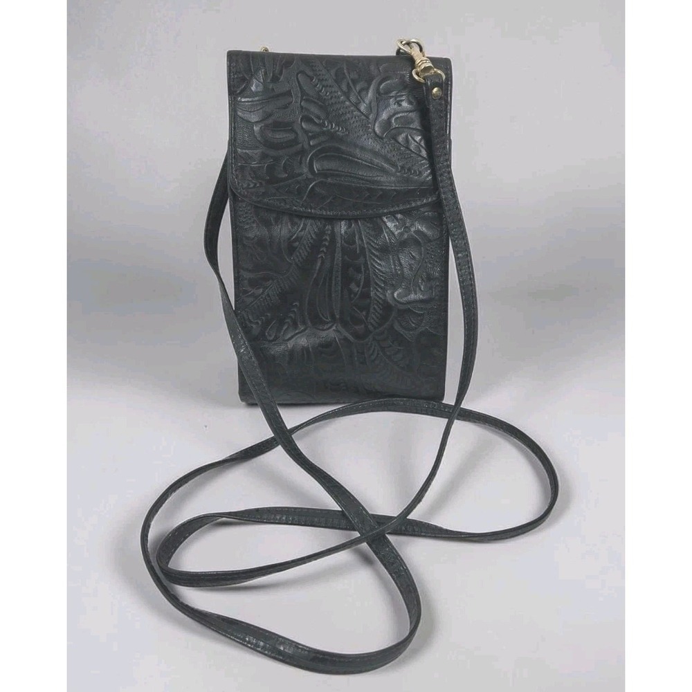 La Garde Black Macro Bag Italian Cowhide Tooled Leather Crossbody Wallet ITALY